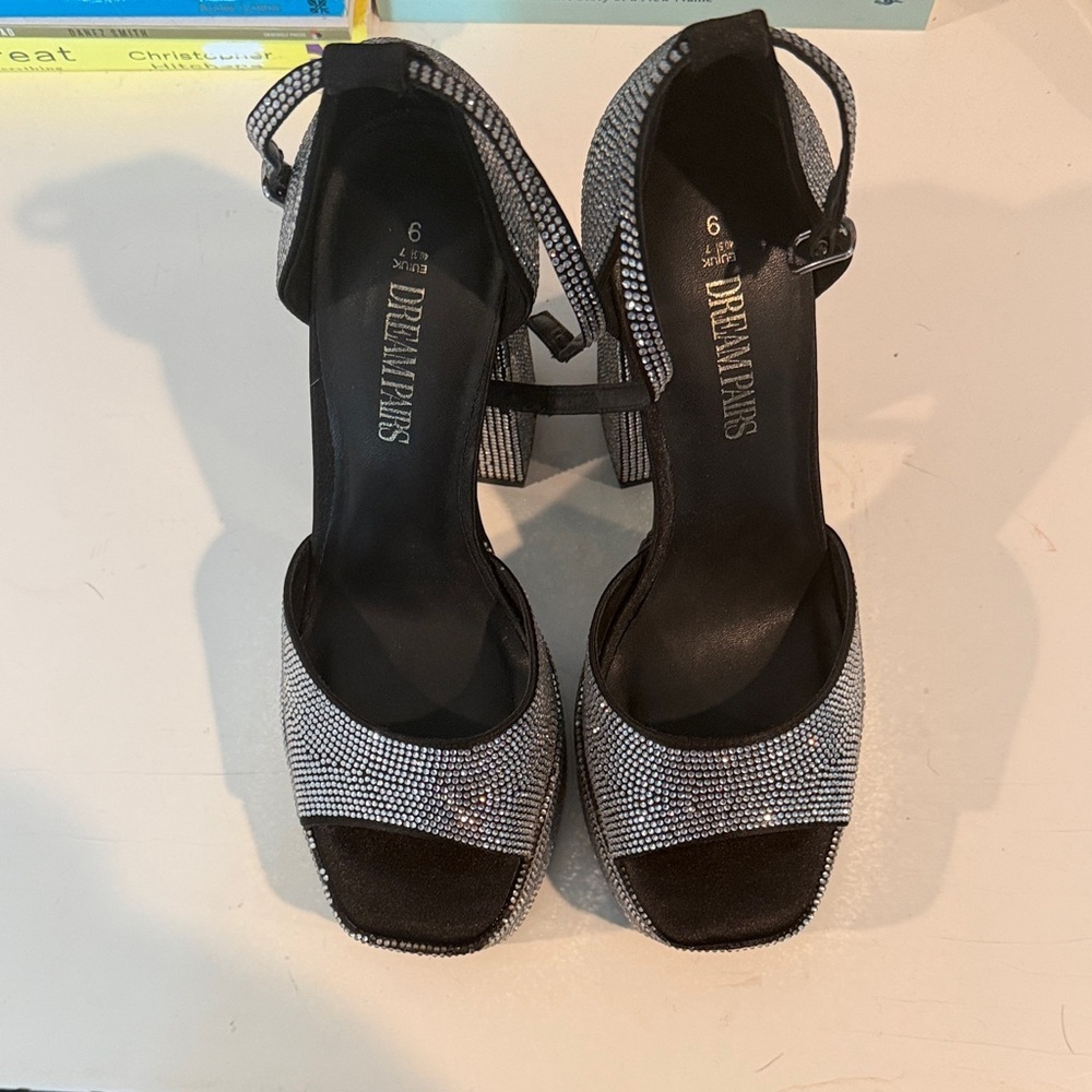 Dream Pairs Black and Silver Rhinestone Platform Heels Size 9